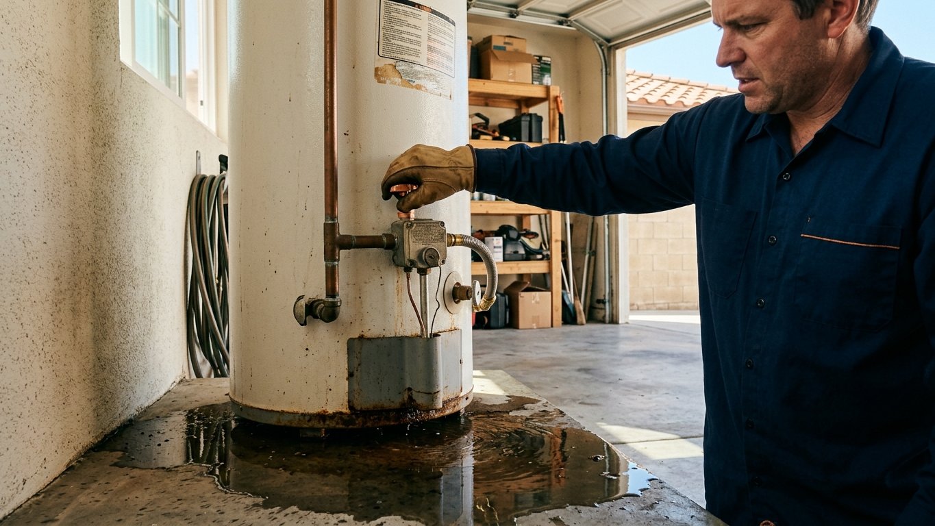 Homeowner shutting off the water supply valve on a leaking water heater