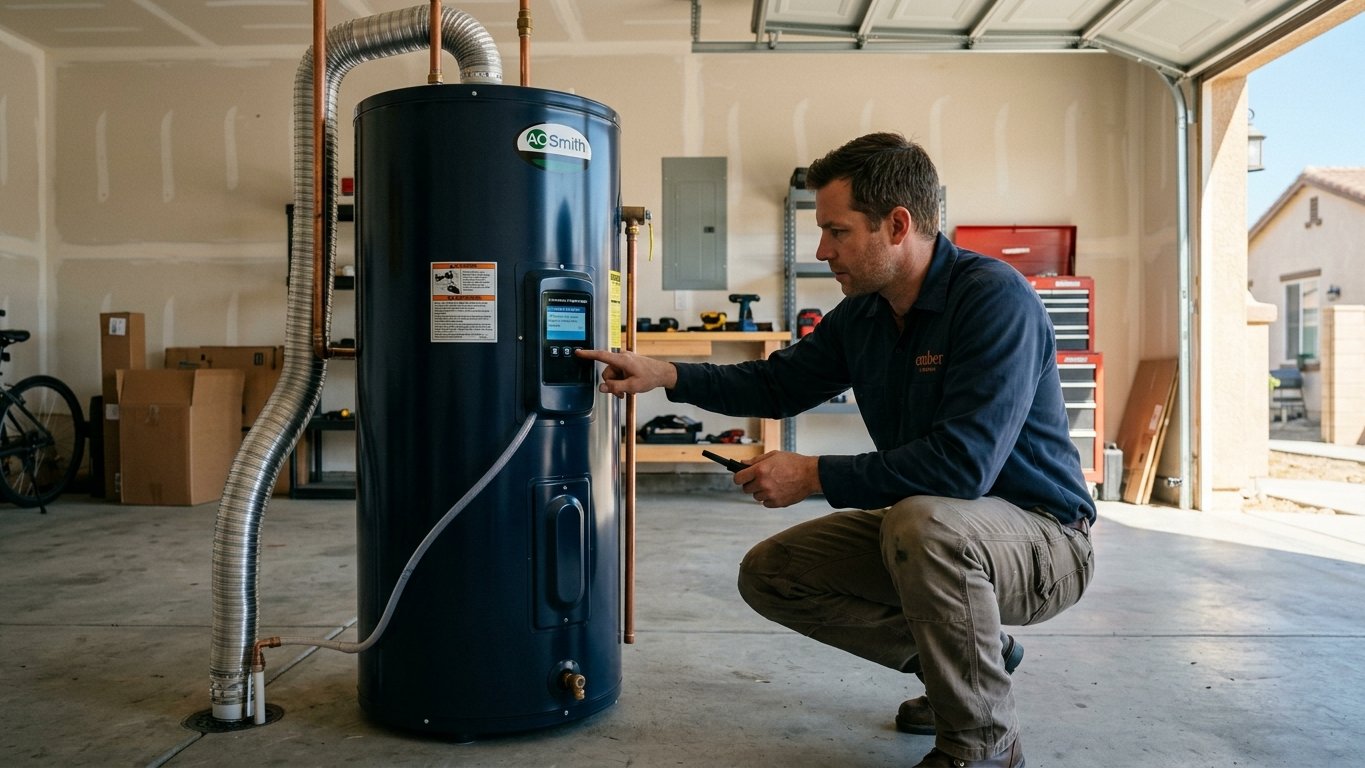 Heat pump hybrid water heater installed in a San Diego garage