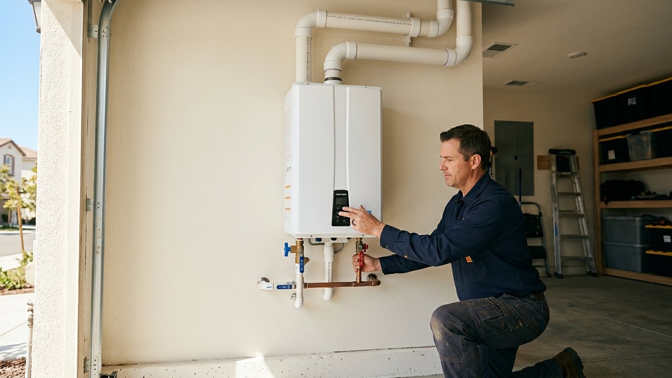Wall-mounted tankless water heater installed in a San Diego home