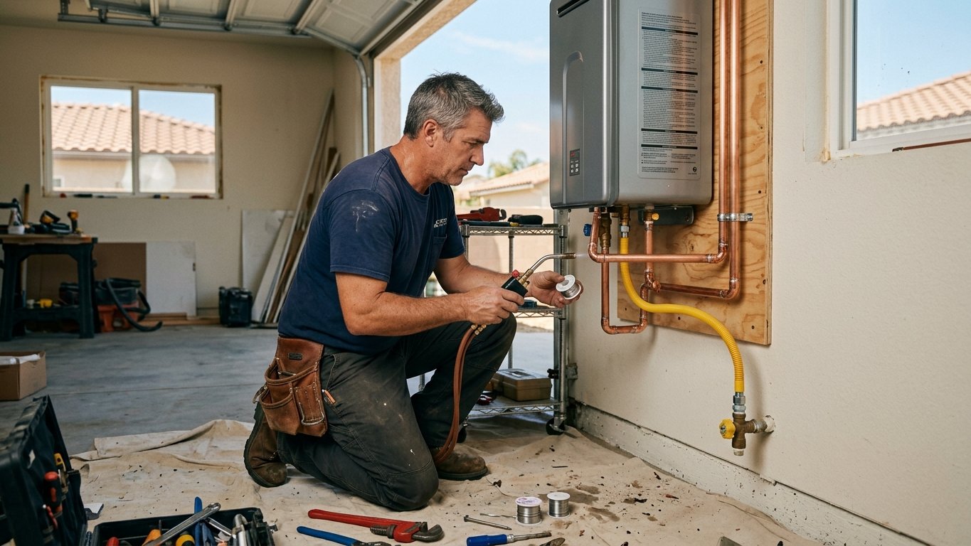 Technician connecting a newly installed water heater during a San Diego home install