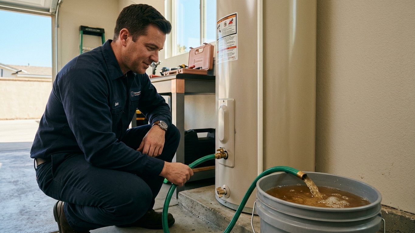 Technician flushing sediment from a water heater through a hose in a San Diego garage