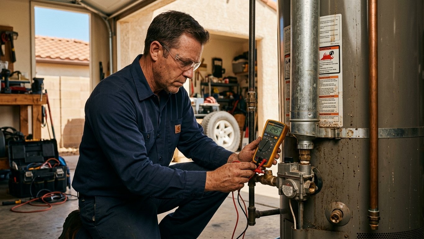 Technician diagnosing a residential water heater with a multimeter in a San Diego garage